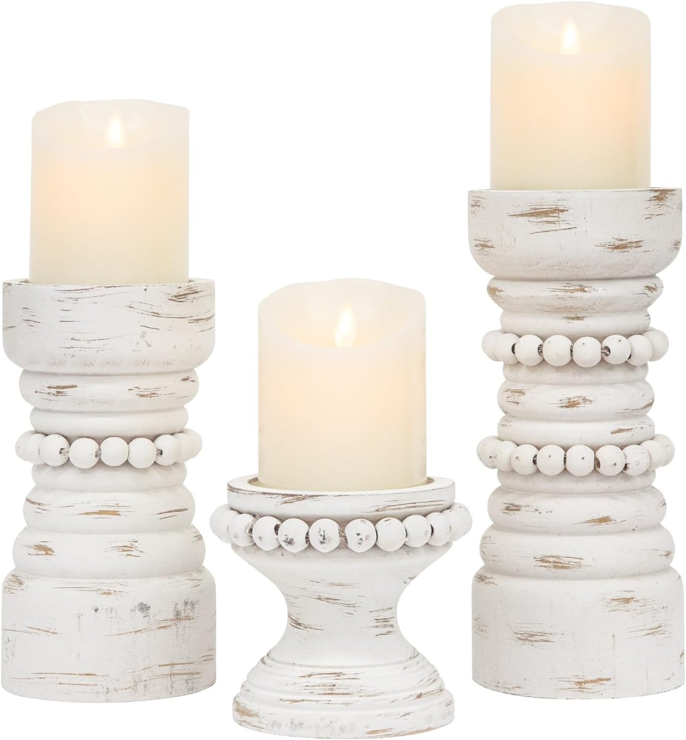 MODE HOME Rustic White Wood Candle Holders Set of 3, Farmhouse Beaded Wood Pillar Candle Holder, Candle Holders for Pillar Candles & Candlesticks, Candle Sticks Holder Decor for Table Centerpiece