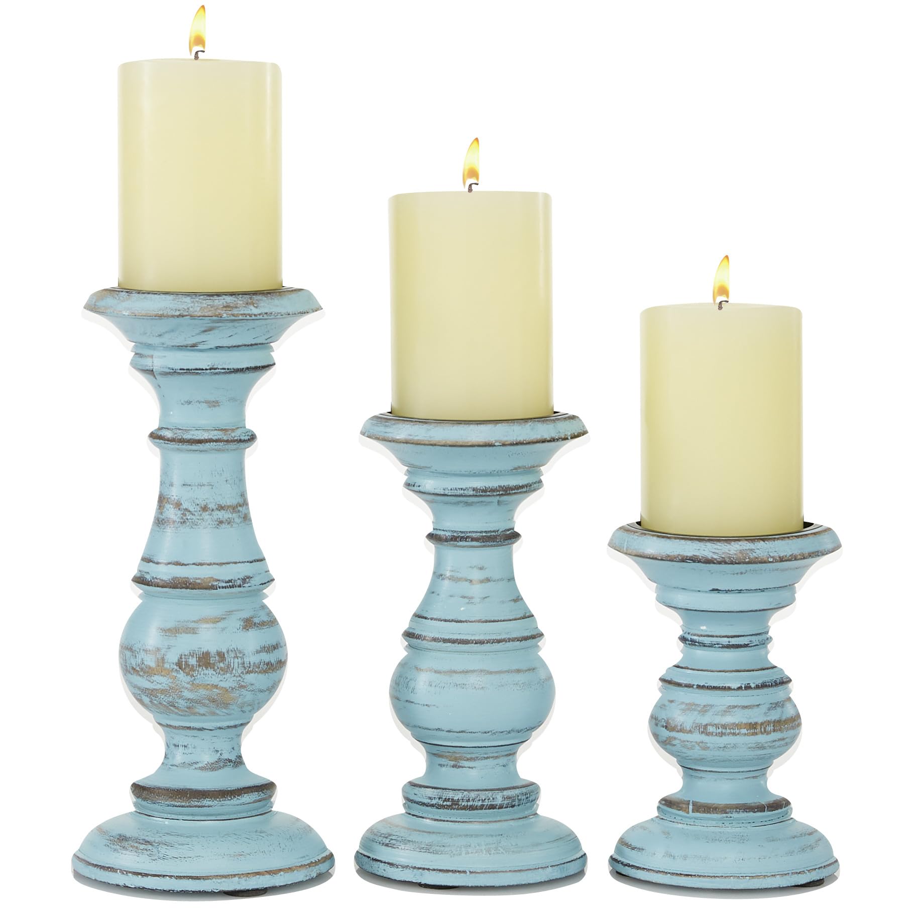 Deco 79 Mango Wood Decorative Candle Holder Turned Style Pillar Candle Stand, Set of 3 Candlestick Holder 10",8",6"H, Brown