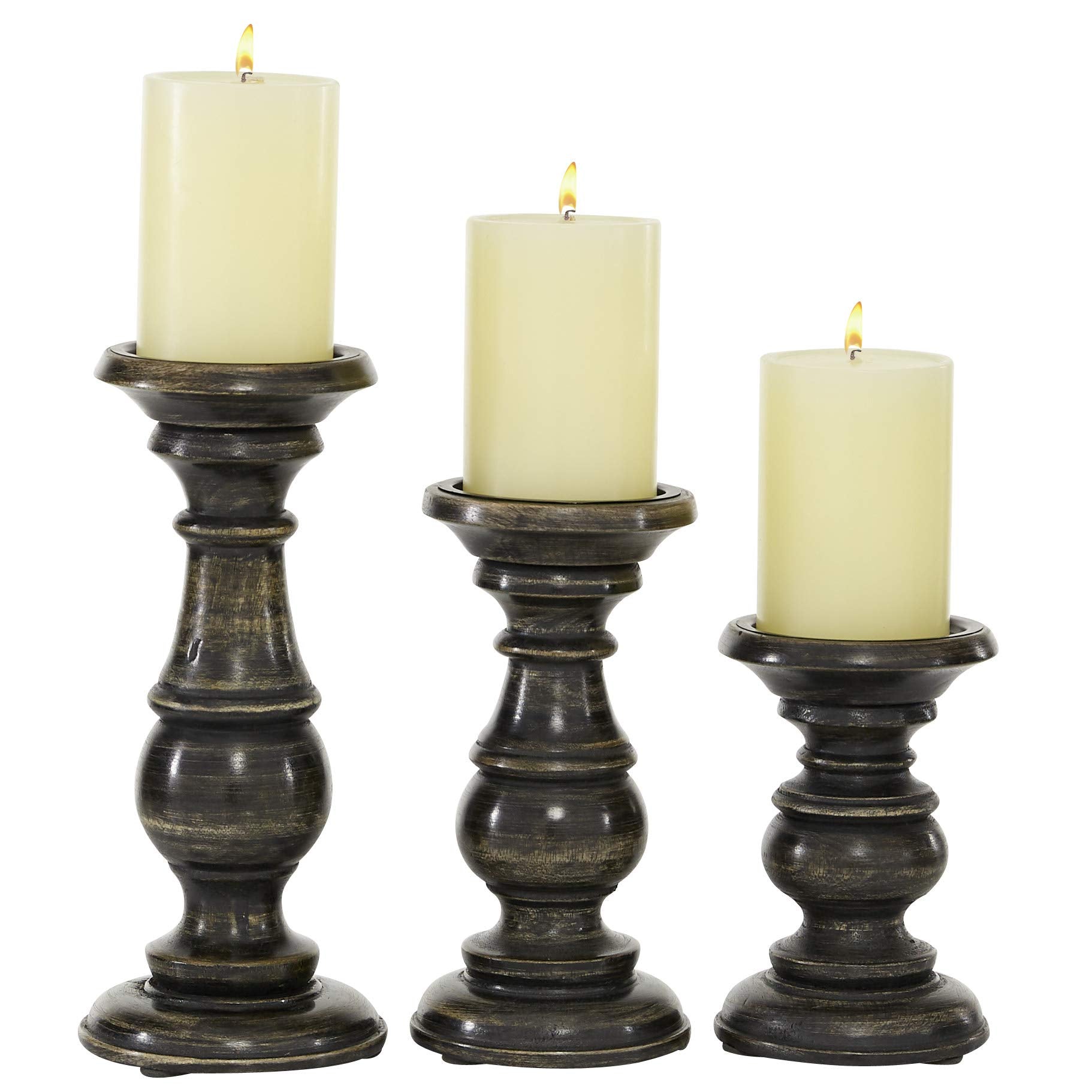 Deco 79 Mango Wood Decorative Candle Holder Turned Style Pillar Candle Stand, Set of 3 Candlestick Holder 10",8",6"H, Brown