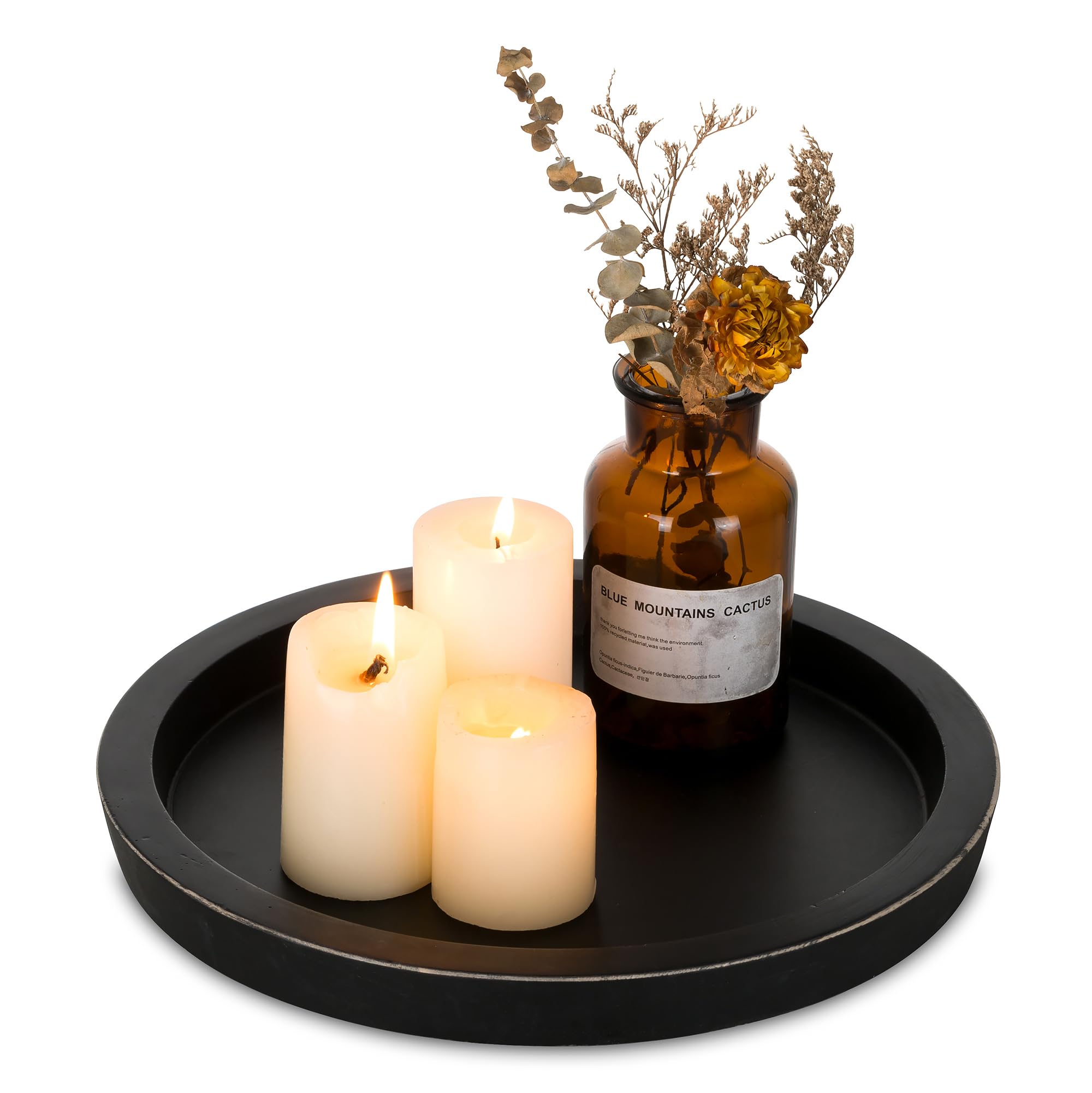 Hanobe Candle Plate Holder Tray: Round White Wood Decorative Tray Decor - Rustic Farmhouse CoffeeTable Decor - Tealight Pillar Trays for Home Decor