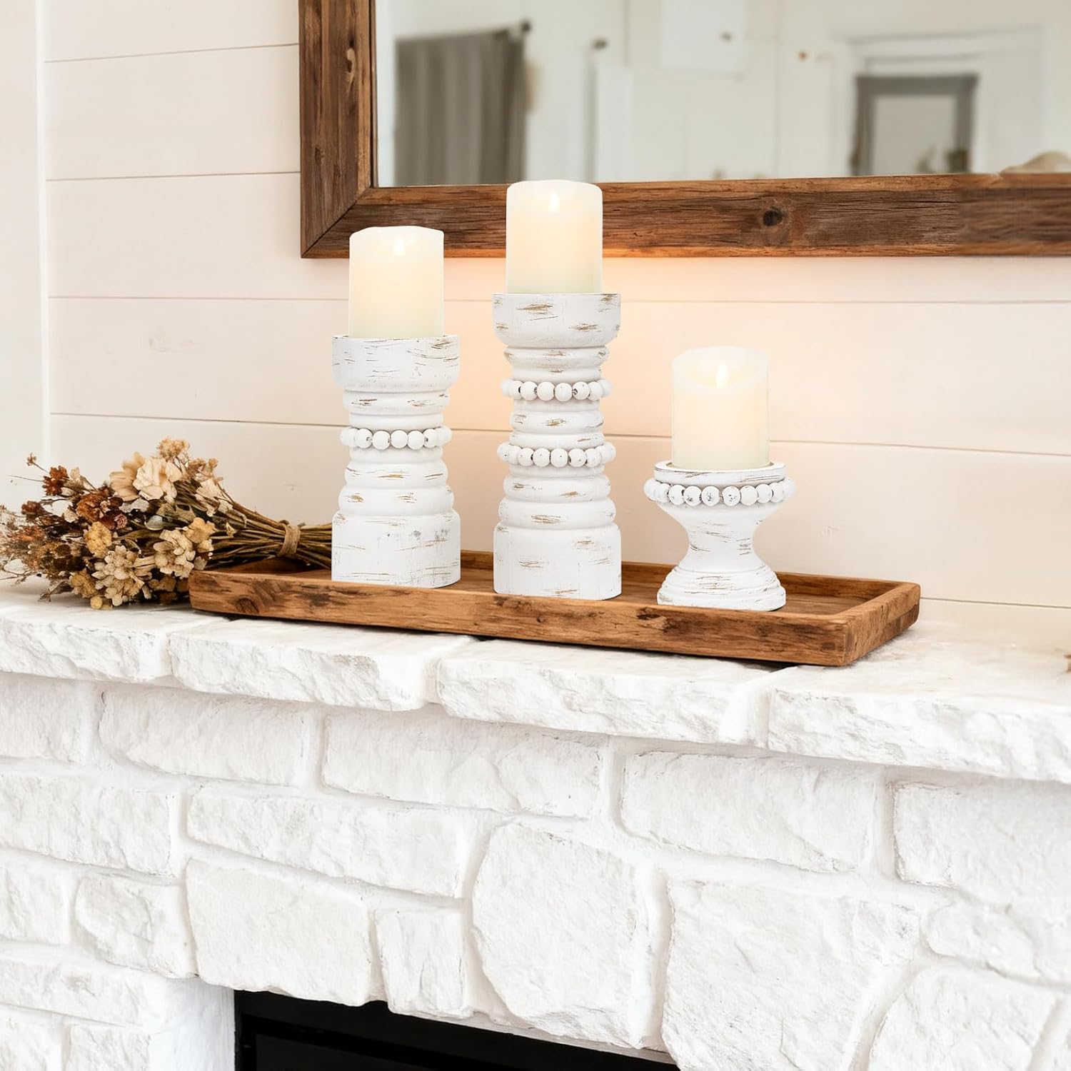 MODE HOME Rustic White Wood Candle Holders Set of 3, Farmhouse Beaded Wood Pillar Candle Holder, Candle Holders for Pillar Candles & Candlesticks, Candle Sticks Holder Decor for Table Centerpiece