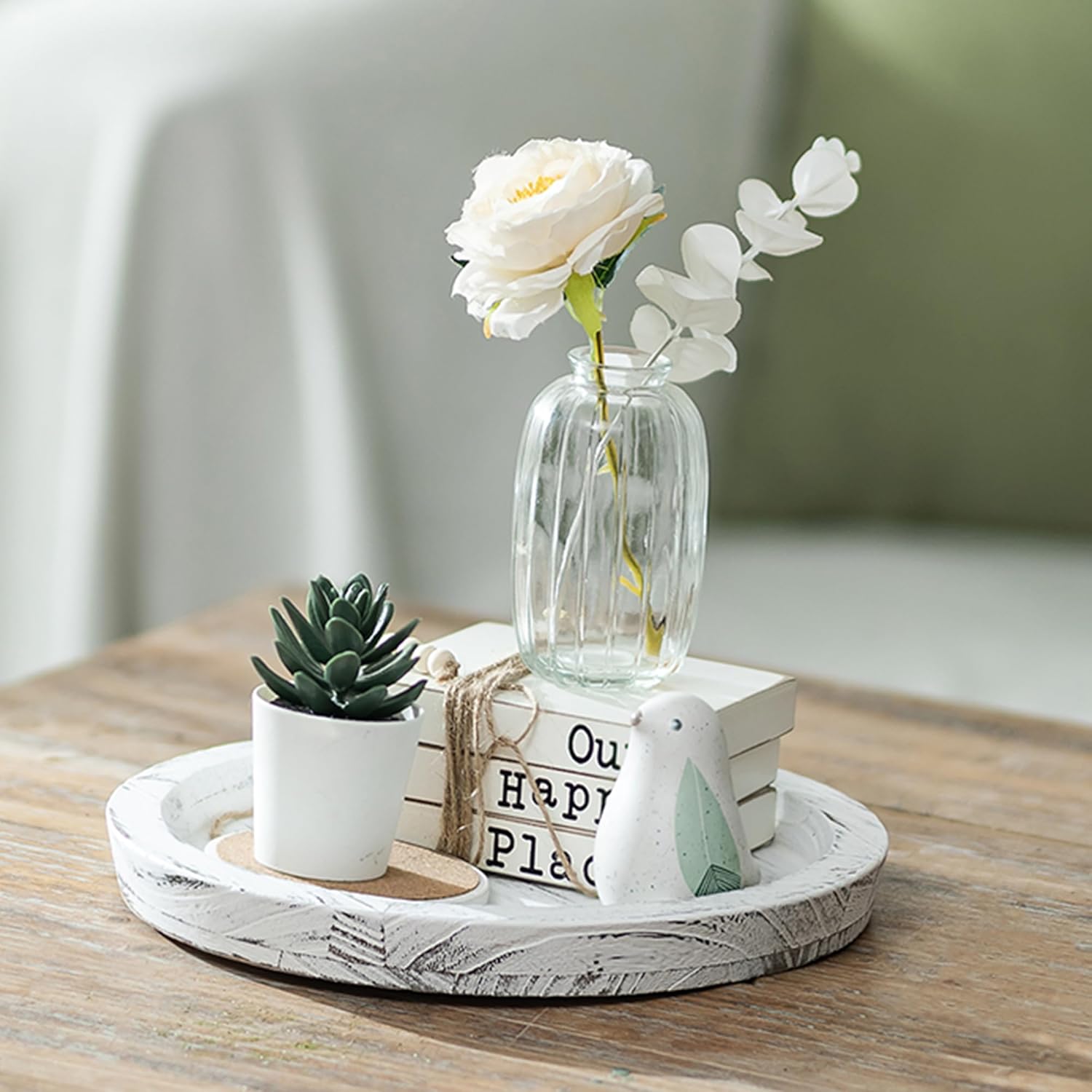 Hanobe Candle Plate Holder Tray: Round White Wood Decorative Tray Decor - Rustic Farmhouse CoffeeTable Decor - Tealight Pillar Trays for Home Decor