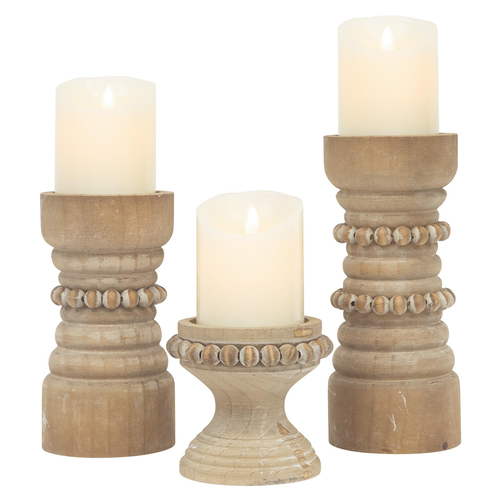 MODE HOME Rustic White Wood Candle Holders Set of 3, Farmhouse Beaded Wood Pillar Candle Holder, Candle Holders for Pillar Candles & Candlesticks, Candle Sticks Holder Decor for Table Centerpiece