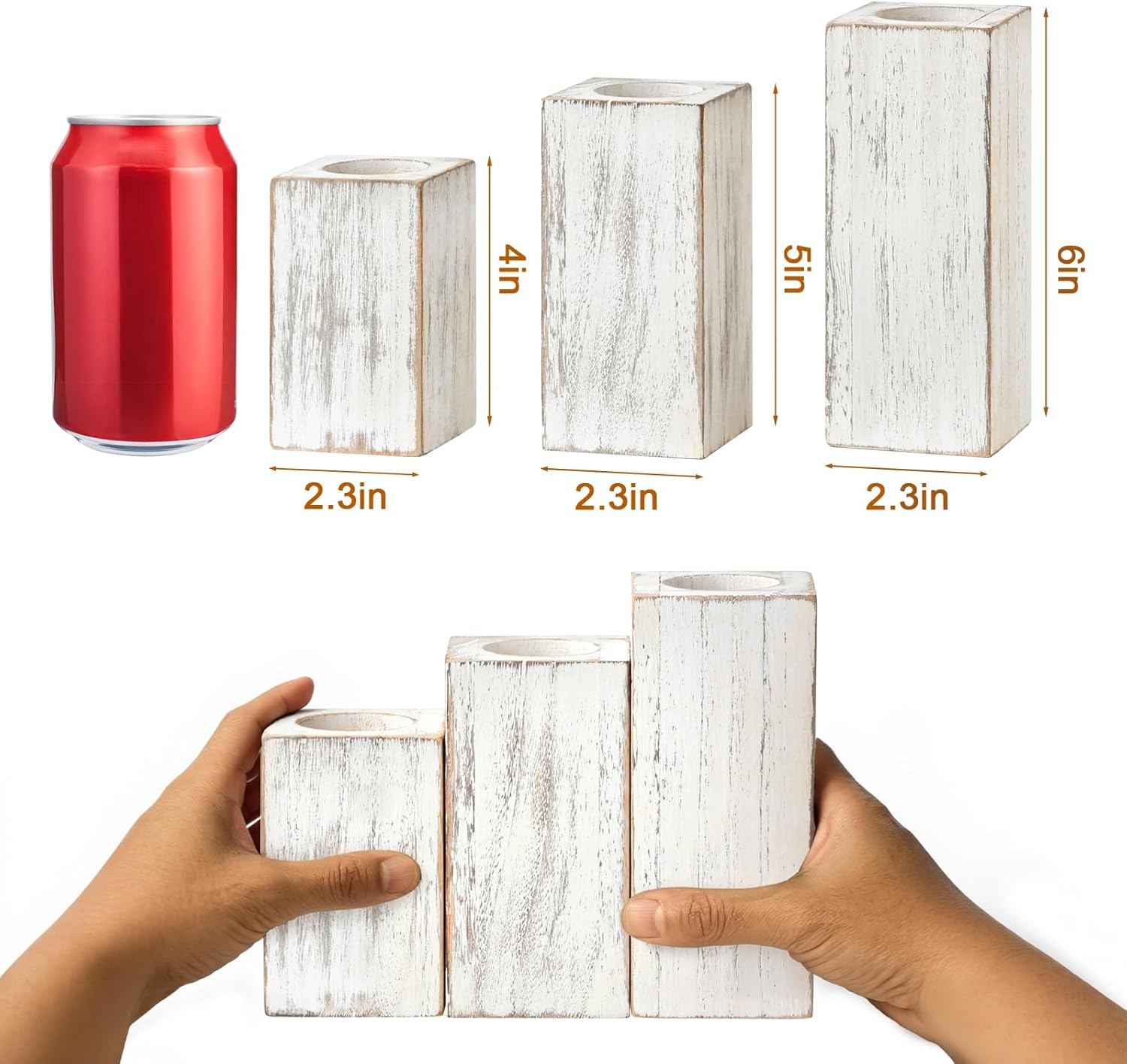 MelonBoat Rustic Flameless LED Candles 3-Pack, Battery Operated Candles with Wooden Candle Holders, White Rustic Farmhouse Decor, Farmhouse Candle Holder for Valentines Holiday Party Home Decor