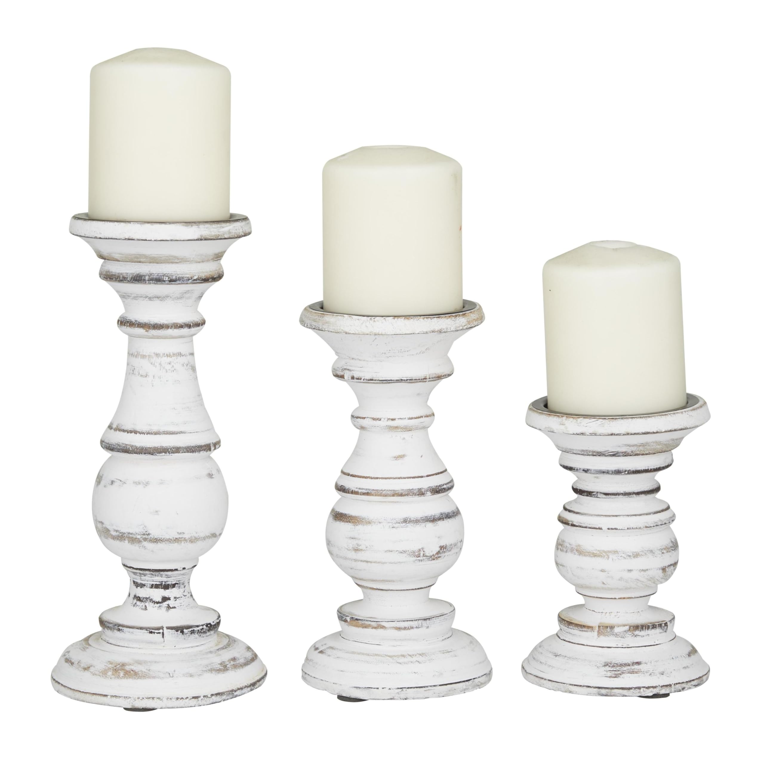 Deco 79 Mango Wood Decorative Candle Holder Turned Style Pillar Candle Stand, Set of 3 Candlestick Holder 10",8",6"H, Brown