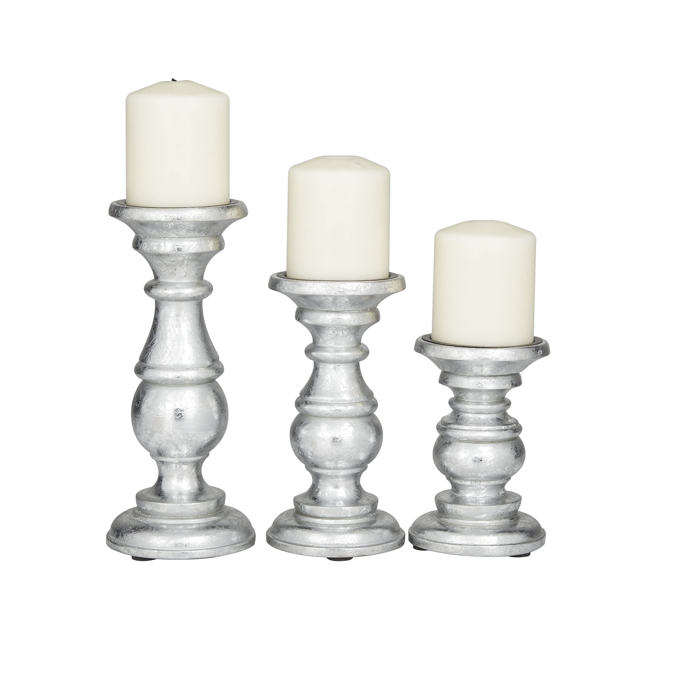 Deco 79 Mango Wood Decorative Candle Holder Turned Style Pillar Candle Stand, Set of 3 Candlestick Holder 10",8",6"H, Brown