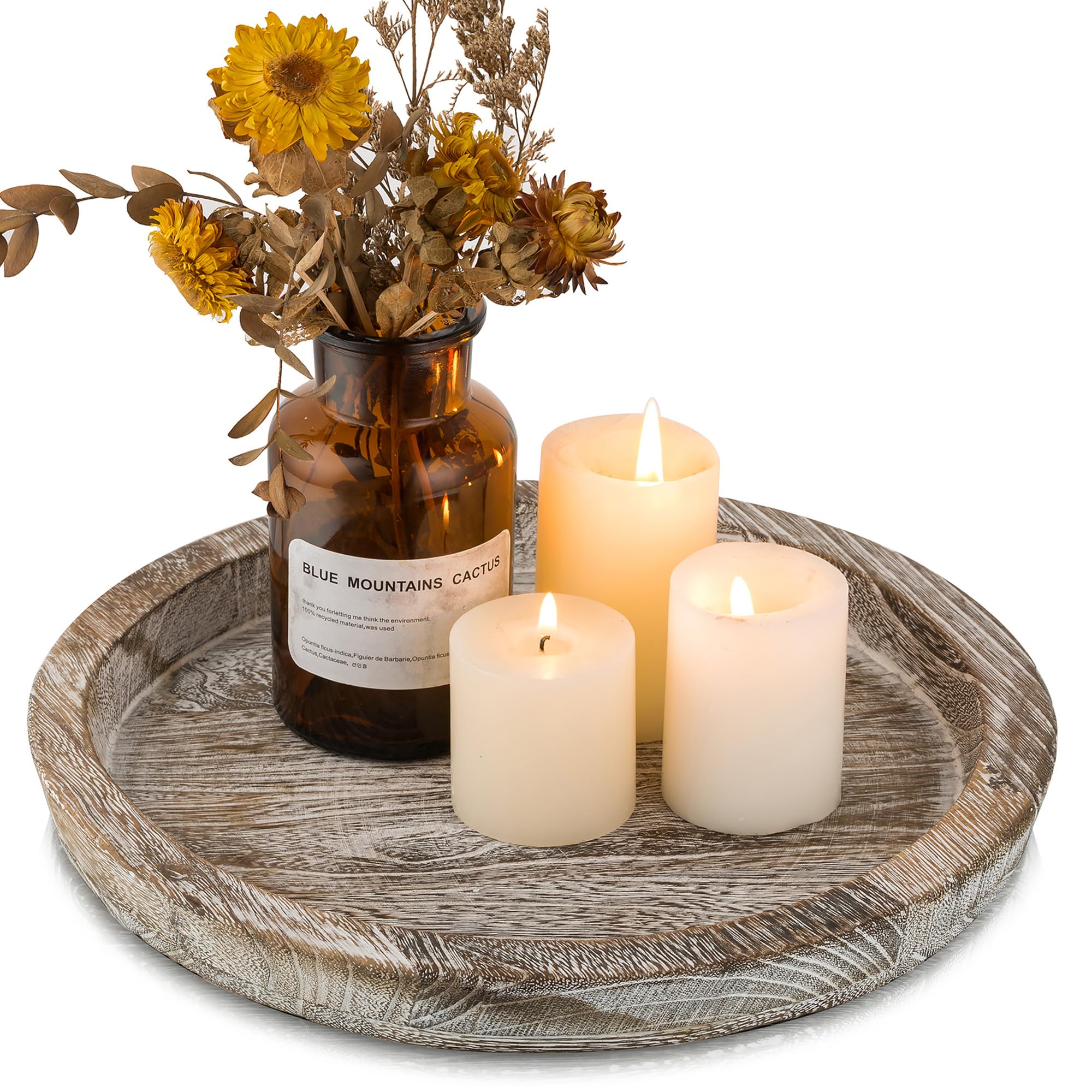 Hanobe Candle Plate Holder Tray: Round White Wood Decorative Tray Decor - Rustic Farmhouse CoffeeTable Decor - Tealight Pillar Trays for Home Decor