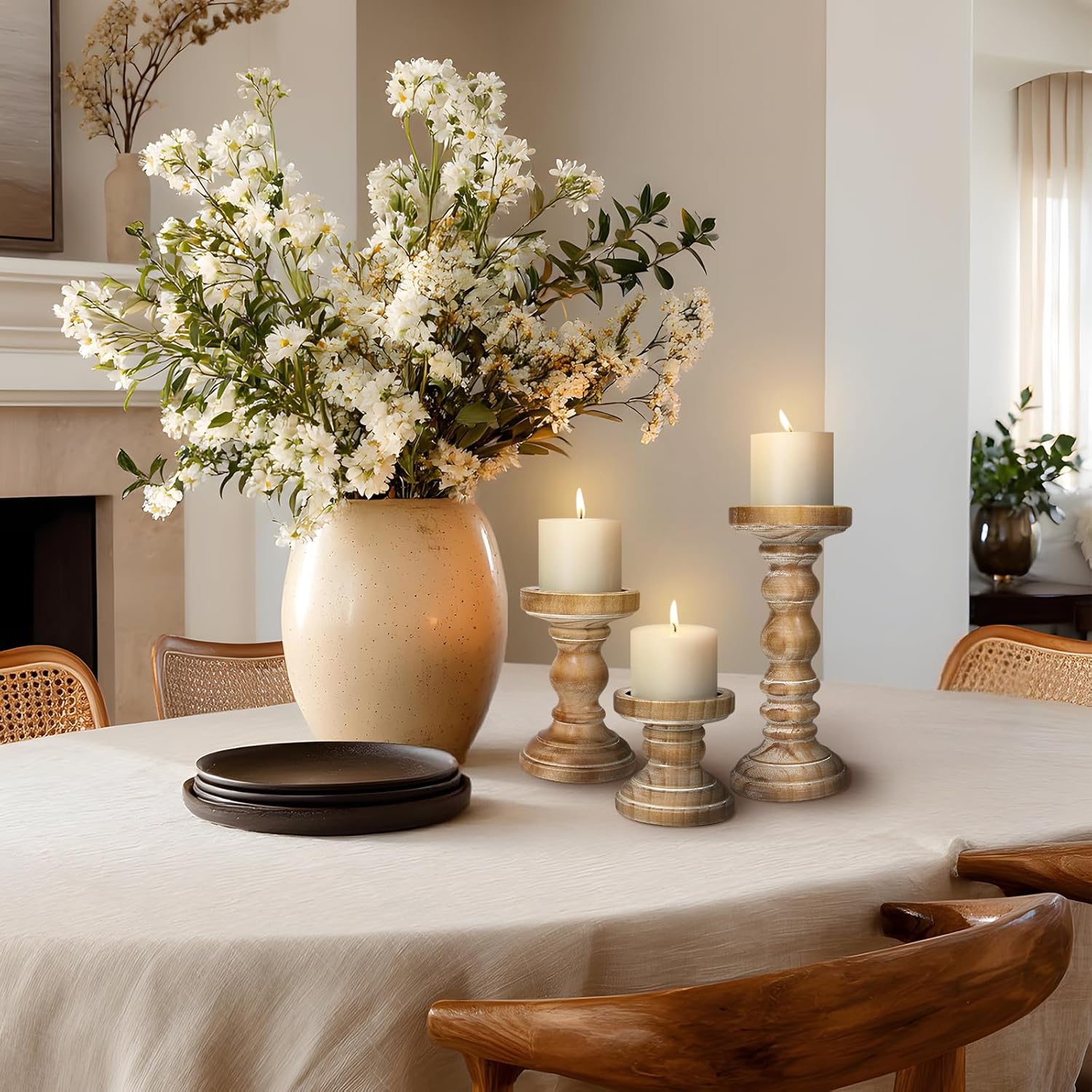 Candle Holder for Pillar Candle Set of 3, Farmhouse Wood Candle Holder, Rustic Wooden Candle Stand, Vintage Tall Candle Stand Decorative for Living Room, Table Centerpiece,Brown