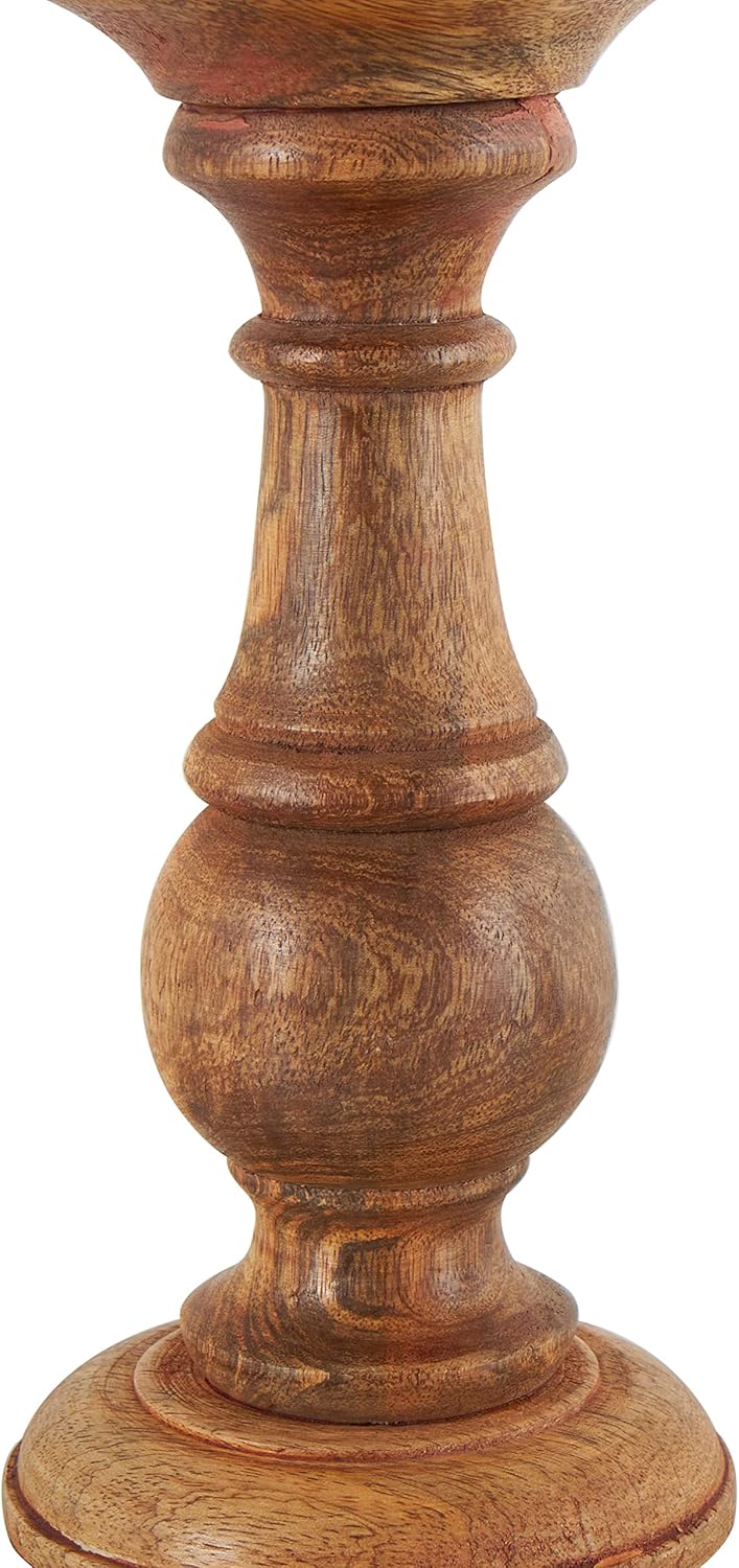 Deco 79 Mango Wood Decorative Candle Holder Turned Style Pillar Candle Stand, Set of 3 Candlestick Holder 10",8",6"H, Brown