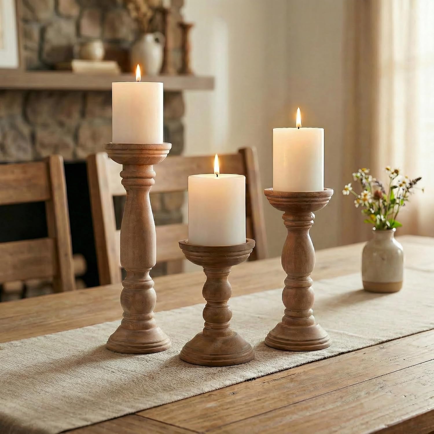 Farmhouse Wooden Candle Holders for Pillar Candles Set of 3, Rustic Wood Candle Holder Table Centerpiece Decor, 12'' 9'' 6'' Vintage Tall Candle Stand Decorative, Brown