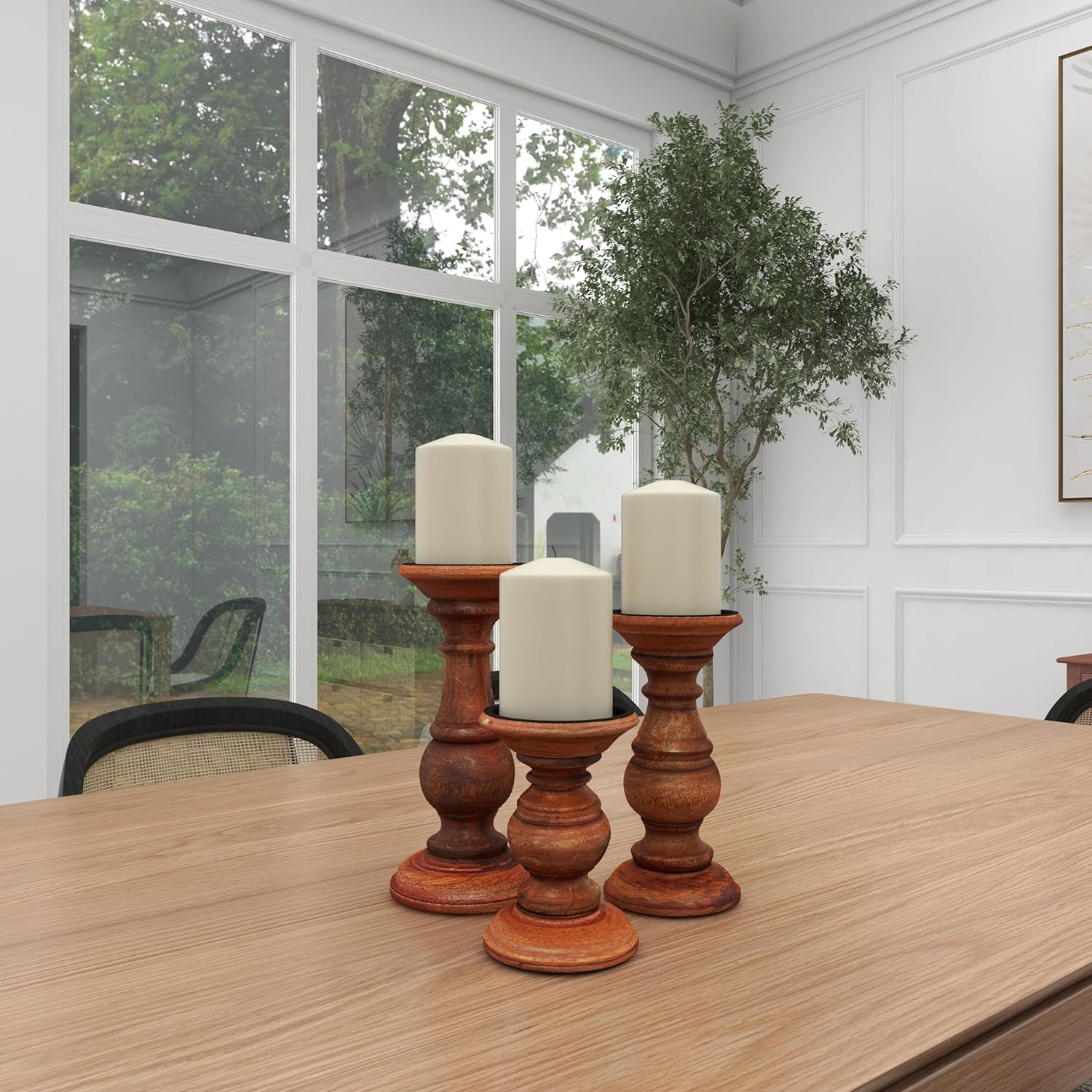 Deco 79 Mango Wood Decorative Candle Holder Turned Style Pillar Candle Stand, Set of 3 Candlestick Holder 10",8",6"H, Brown