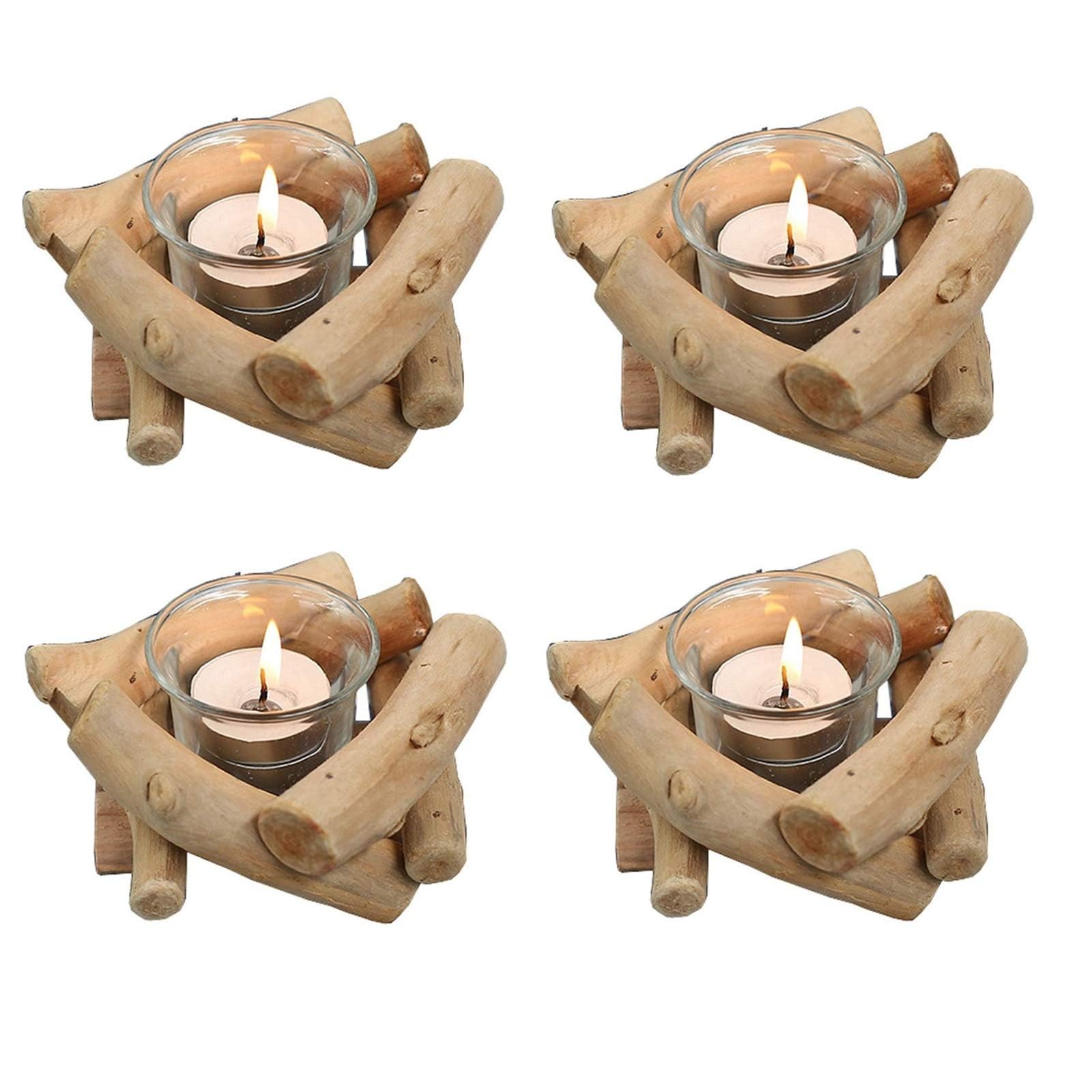 Sziqiqi Handmade Wooden Tea Light Candle Holder with Glass Cup Rustic Country Coastal Style for Farmhouse Home Decoration Home Altar Decoration Holiday Wedding Decoration