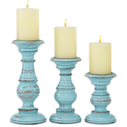 Deco 79 Mango Wood Decorative Candle Holder Turned Style Pillar Candle Stand, Set of 3 Candlestick Holder 10",8",6"H, Brown