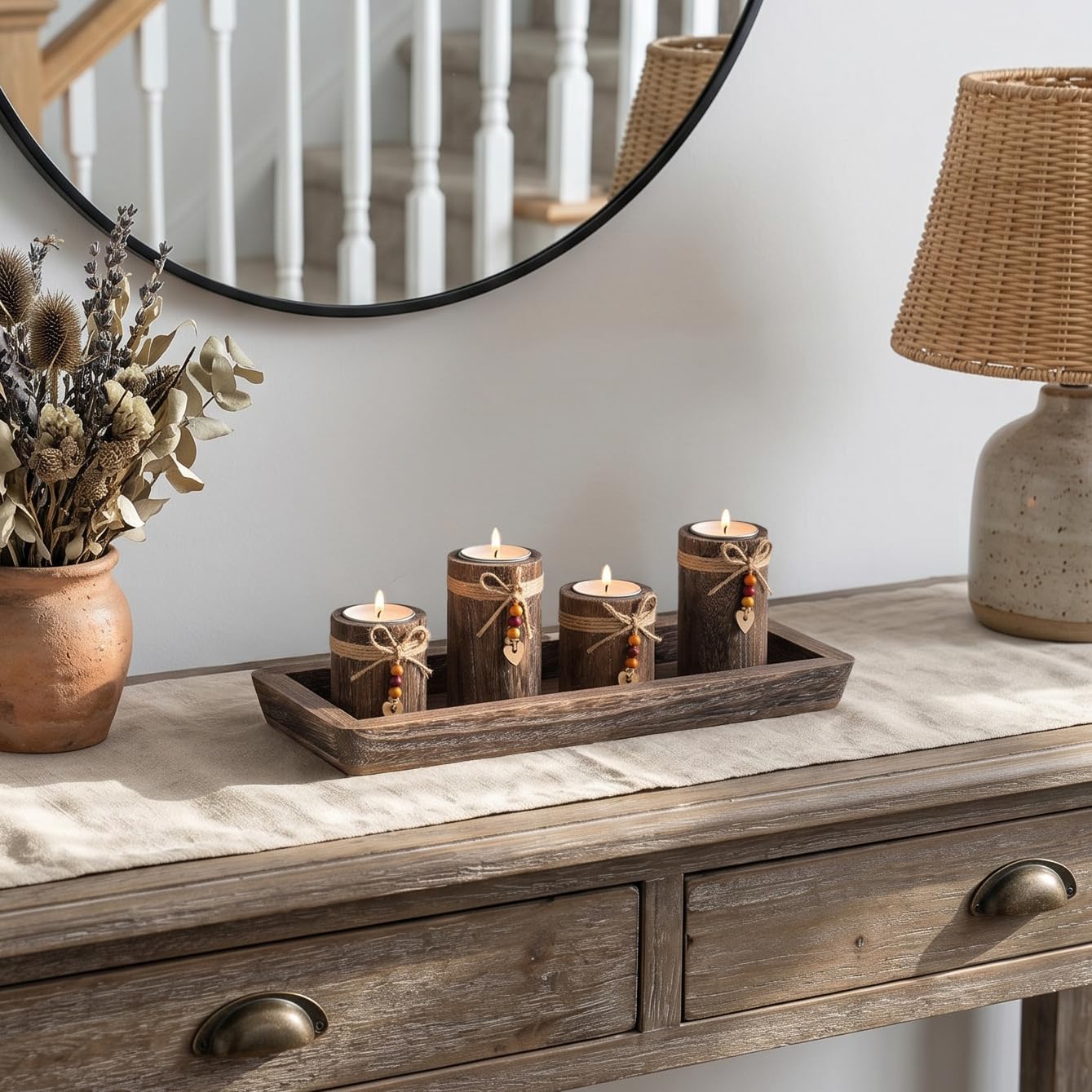 Farmhouse Coffee Table Decor Candle Holder - Romadedi Boho Wooden Tray with 4 Tealight Candles Holders for Tables Centerpiece Home Decorations Living Room Fireplace Kitchen