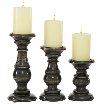 Deco 79 Mango Wood Decorative Candle Holder Turned Style Pillar Candle Stand, Set of 3 Candlestick Holder 10",8",6"H, Brown