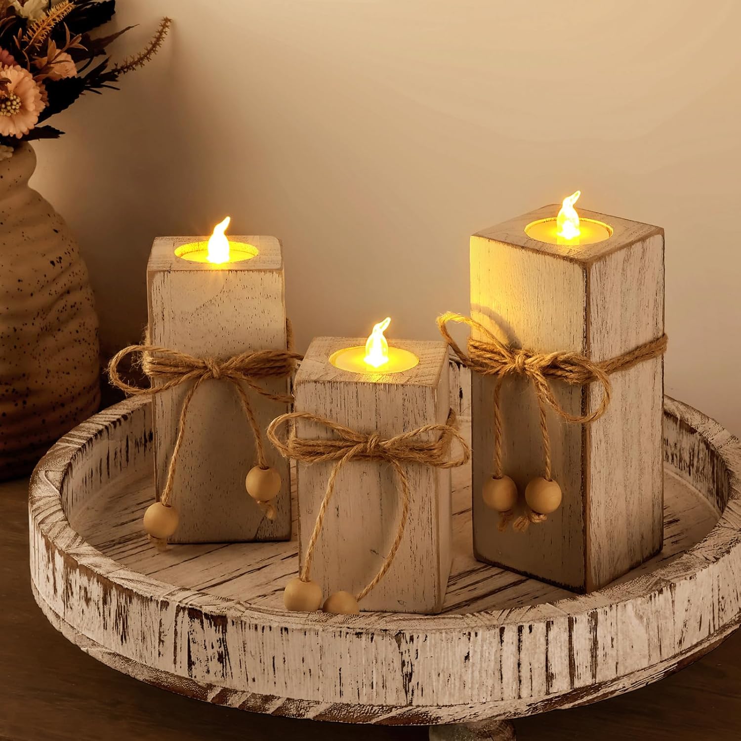 MelonBoat Rustic Flameless LED Candles 3-Pack, Battery Operated Candles with Wooden Candle Holders, White Rustic Farmhouse Decor, Farmhouse Candle Holder for Valentines Holiday Party Home Decor