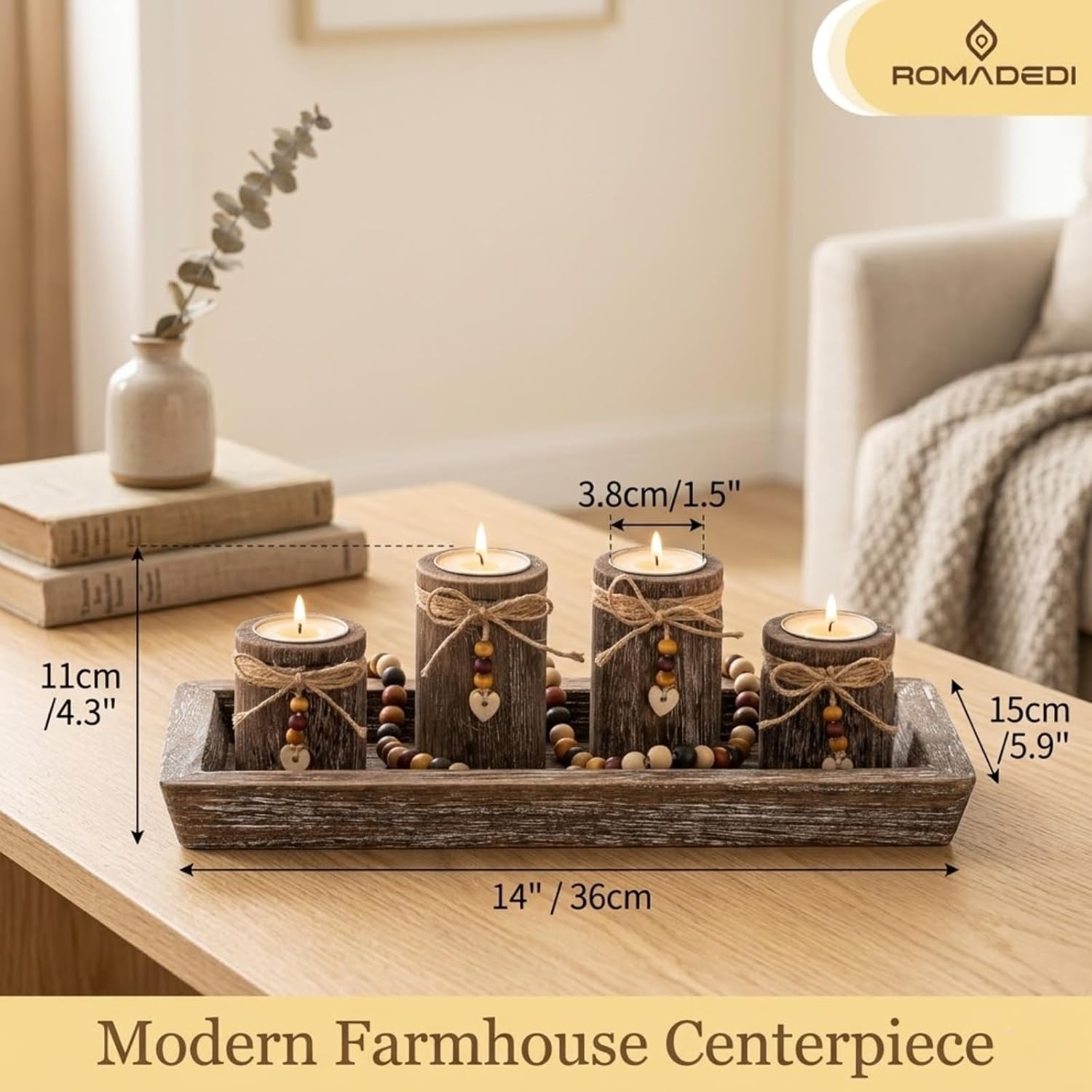 Farmhouse Coffee Table Decor Candle Holder - Romadedi Boho Wooden Tray with 4 Tealight Candles Holders for Tables Centerpiece Home Decorations Living Room Fireplace Kitchen
