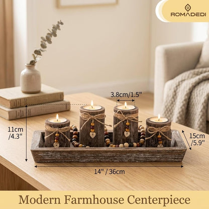 Farmhouse Coffee Table Decor Candle Holder - Romadedi Boho Wooden Tray with 4 Tealight Candles Holders for Tables Centerpiece Home Decorations Living Room Fireplace Kitchen