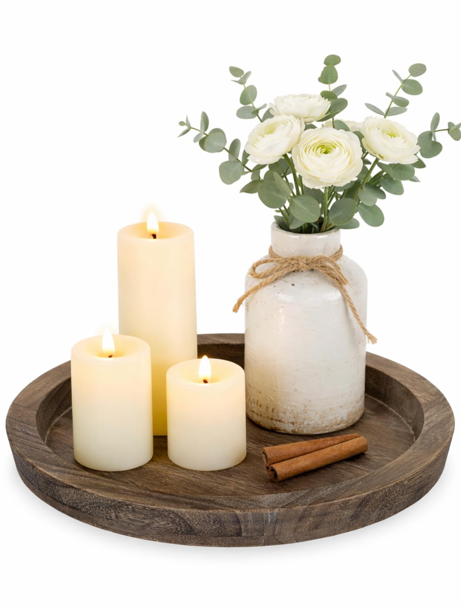 Hanobe Candle Plate Holder Tray: Round White Wood Decorative Tray Decor - Rustic Farmhouse CoffeeTable Decor - Tealight Pillar Trays for Home Decor
