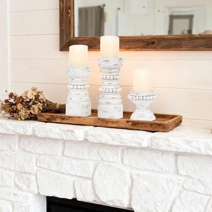 MODE HOME Rustic White Wood Candle Holders Set of 3, Farmhouse Beaded Wood Pillar Candle Holder, Candle Holders for Pillar Candles & Candlesticks, Candle Sticks Holder Decor for Table Centerpiece