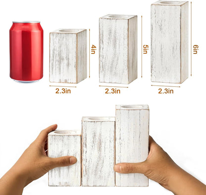 MelonBoat Rustic Flameless LED Candles 3-Pack, Battery Operated Candles with Wooden Candle Holders, White Rustic Farmhouse Decor, Farmhouse Candle Holder for Valentines Holiday Party Home Decor