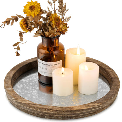 Hanobe Candle Plate Holder Tray: Round White Wood Decorative Tray Decor - Rustic Farmhouse CoffeeTable Decor - Tealight Pillar Trays for Home Decor