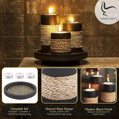 IYARA CRAFT Tealight Candle Holders with Tray – Set of 3 Rustic Black Wooden Candle Holders with Natural Rope Accent, Cozy Centerpiece for Romantic Dinner Table Decor, Anniversary & Housewarming Gifts
