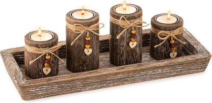 Farmhouse Coffee Table Decor Candle Holder - Romadedi Boho Wooden Tray with 4 Tealight Candles Holders for Tables Centerpiece Home Decorations Living Room Fireplace Kitchen