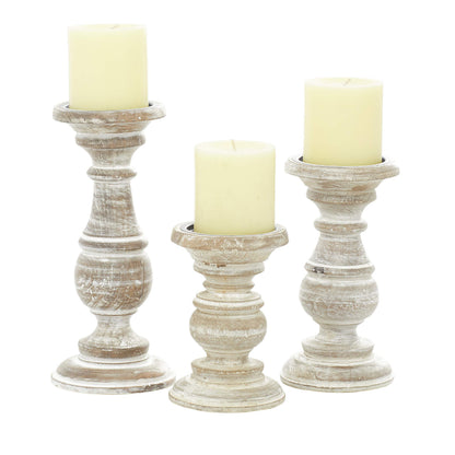 Deco 79 Mango Wood Decorative Candle Holder Turned Style Pillar Candle Stand, Set of 3 Candlestick Holder 10",8",6"H, Brown