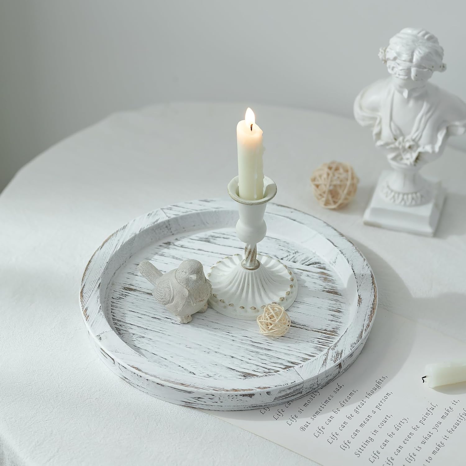 Hanobe Candle Plate Holder Tray: Round White Wood Decorative Tray Decor - Rustic Farmhouse CoffeeTable Decor - Tealight Pillar Trays for Home Decor